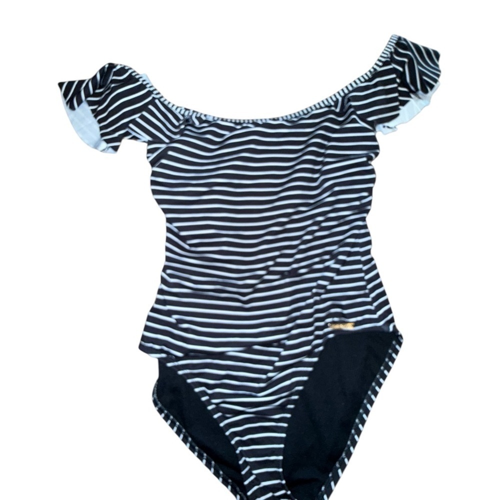 Vince Camuto Off-Shoulder Striped One Piece - Black and White - Picture 3 of 7